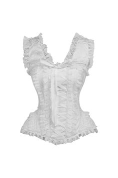 Overbust corset made of brocade and lace fabrics 10 Spiral Steel boned with 2 Flat steel bones Delicate lace detailing Ribbon tie closure at back for cinching Privacy Panel Lined Hand Wash Elegant Lace Corset For Costume Party, Costume Party Corset With Attached Cancan, Ruffled Fitted Bodice Corset For Costume Party, Costume Party Ruffled Corset With Fitted Bodice, Fitted White Corset For Costume, Lace Corset With Boned Bodice In Coquette Style, Overbust Lace Trim Corset For Costume Party, Costume Party Overbust Corset With Lace Trim, Lace Fitted Corset For Costume Party