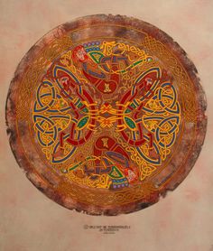 an intricately designed painting on paper with gold and red accents, in a circular frame