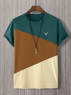 Multicolor Casual Collar Short Sleeve Fabric Colorblock  Embellished Slight Stretch Summer Men Tops Antler Embroidery, Cool Shirt Designs, Trendy Shirt Designs, Color Block Tee, Cool Outfits For Men, Trendy Shirts