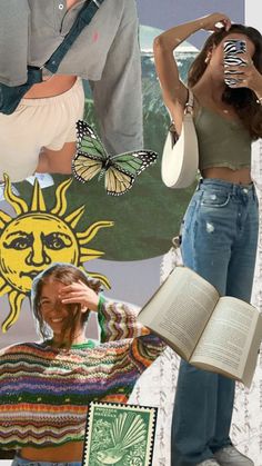 the collage has images of people with books and butterflies on them, including an open book