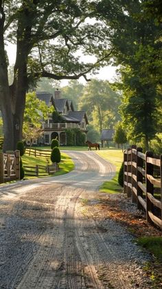 a dirt road leading to a large house with horses in the distance and trees on either side