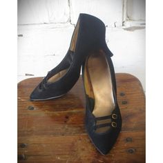 1960's Vintage Di Orsini Black Suede Heels. Size 7 1/2. Black Leather Double Strap Vamp with gold tone "buckle" detail. 3" Heel. Man made Sole. Estate Vintage Items in Very good Condition. Clean and ready to wear. FAST US shipping Please check out our other listings for more Fab Vintage Items. Elegant Pointed Toe Heels For Vintage Fashion, Vintage Kitten Heels With Round Toe For Evening, Vintage Kitten Heels For Evening, Vintage Closed Toe Kitten Heels, Vintage Low Heel Heels For Formal Occasions, Vintage Formal Court Shoes With 4-inch Heel, Vintage Almond Toe Kitten Heels For Formal Occasions, Vintage Formal Fitted Kitten Heels, Vintage Low Heel Court Shoes For Office