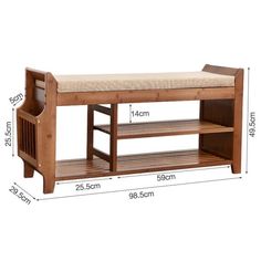 a wooden bench with a cushion on top and measurements for the seat area below it