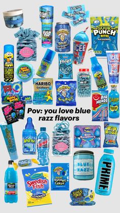 various blue products are arranged in the shape of a circle with text overlay that reads pov you love blue razz flavors