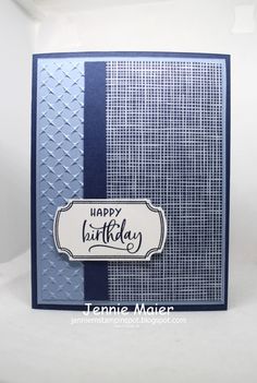 a blue and white birthday card with the words happy birthday written in black on it