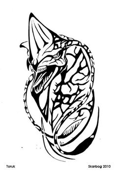 a black and white drawing of a dragon with its head turned to the side, it is