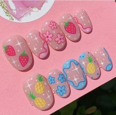 Cute Drawings Nails, Madoka Magica Nails, Sherbert Nails, Casual Summer Nails, Cute Short Nail Art, Fake Nails Designs, Cute Nail Art Designs, Summery Nails