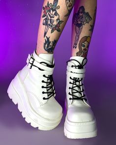 Demonia White Stacked Wedge Platform Ankle Boots | Rave Wonderland Ankle-high Platform Wedge Sneakers, Edgy White Platform Boots, White Leather High-top Wedge Boots, White Ankle-high Platform Boots For Streetwear, White Wedge Sneakers With Platform, Synthetic Ankle-high Platform Wedge Boots, White Synthetic Wedge Heel Boots, White High-top Boots With Thick Bottom, White Wedge Sneakers For Streetwear