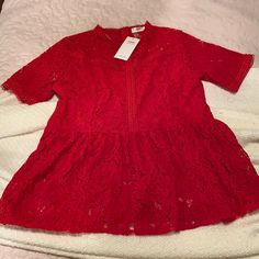 Never Used. Zipper Back. See Through Back. That Is Why I Am Selling It. Beautiful Details But I Didn’t Know It Was See Through In The Back. I Cut The Tag Off But It Is Completely Laced. Red Fitted Lace Top, Feminine Red V-neck Tops, Feminine Red Blouse For Work, Red Feminine Short Sleeve Top, Feminine Red Short Sleeve Top, Red Lace Top For Summer, Red Fitted Peplum Top, Fitted Red Peplum Top, Red Lace Top For Spring