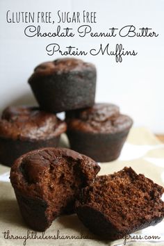 chocolate peanut butter muffins are stacked on top of each other