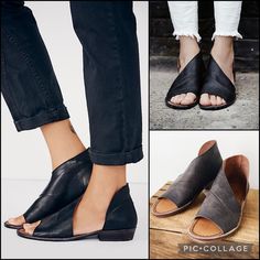 The Free People Slip On Sandals In Black Are Perfect To Pair With Your Favorite Pair Of Jeans. A Swooping Silhouette Turns This Sandal's Open Shank Into Something Irresistibly Attention-Getting! Half D'orsay Silhouette With An Easy Slip-On Wear Style Featuring A Leather Upper, Open-Toe, And A Cushioned Foot Bed With Leather Lining And 1.25" Stacked-Look Heel *Other Color Pics Are For Fit/Style Only Size: 37 (Other Sizes Are For Search Purposes Only) Shaft Height: 20.25” Shaft Top Circumference ( Medium Width Sandals For Fall, Black Open Toe Slingback Sandals For Spring, Spring Black Open Toe Slingback Sandals, Black Sandals With Medium Width Flat Heel, Chic Flat Heel Sandals For Fall, Black Leather Mules For Summer, Chic Fall Slip-on Sandals, Casual Leather Sandals For Fall, Black Open Toe Slingback Sandals With Leather Footbed