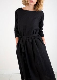 Linen Dress - Black Linen Dress - 3/4 Sleeve Dress - Black Tie Belt Linen Dress - Classic Black Linen Dress - Handmade by OFFON Black Long Sleeve Dress With Tie Waist, Casual Black Dress 3/4 Length, Casual Black 3/4 Length Dress, Casual Black Dress With 3/4 Length, Tie Belt Dress, Black Linen Dress, Linen Midi Dress, Belt Dress, Dress Linen