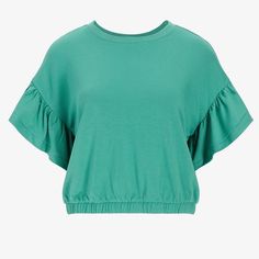 Express Short Ruffle Sleeve Banded Bottom Sweatshirt Medium Dusky Green Casual Cotton Short Sleeve Top With Ruffle Sleeve, Casual Cotton Ruffle Sleeve Top, Casual Cotton Short Sleeve Top With Ruffle, Cotton Ruffle Tops For Loungewear, Solid Color Crew Neck Top With Ruffles, Casual Solid Color Top With Ruffle Sleeves, Casual Solid Color Tops With Ruffle Sleeves, Casual Green Blouse With Ruffle Sleeves, Relaxed Fit Cotton Top With Ruffle Sleeves