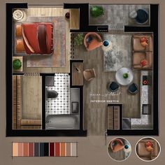 an overhead view of a living room, dining room and kitchen area in one floor plan