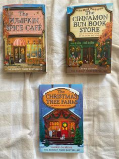 three children's books about the christmas tree farm, the pumpkin spice cafe and the cinnamon bun book store