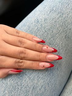 #frenchnails #rednails #nails #nailart #summer #summernails #ruby #cherry Ferrari Inspired Nails, Red Cherry Nails Acrylic, Red Vacation Nails, Red Almond Nails Designs, Ruby Red Nails, Red Nails French, Red French Tips, Nailart Summer, Overlay Ideas