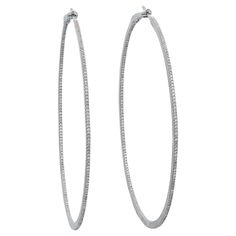 These Contemporary 18k White Gold Diamond Inside-out Hoop Earrings are a stunning addition to any jewelry collection. They are both substantial and comfortable to wear. The diamonds are pavé-set half-way around the outside starting at the front post and halfway around the inside, right to the back hinge closure. From the front, the diamonds are set to double dazzle, quite literally. The estimated diamond weight is 5.00 carats. The hoops measure a sizeable 2.25 inches (5.7 cm) in diameter and are Luxury Pave Set Hoop Earrings, Luxury Hoop Earrings With Pave Setting, Luxury Small Hoop Earrings With Pave Setting, Luxury Hoop Jewelry With Pave Setting, Hoop Diamond Earrings With Pave Setting, Everyday Luxury Designer Hoop Jewelry With Pave Setting, Modern Round Hoop Earrings With Pave Setting, Jewelry Earrings Hoops, Inside Out