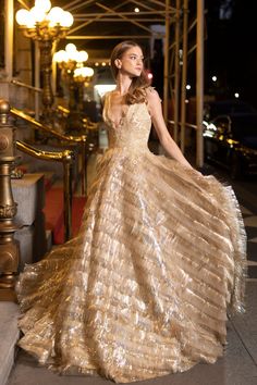 Deep V metallic fringe a line gown with lace applique bodice Yellow Gold Dress, Bridal Elegance, Engagement Outfits, Bridal Show, Custom Wedding Dress, Luxury Bridal, A Line Gown, Stylish Wedding, Ethereal Beauty