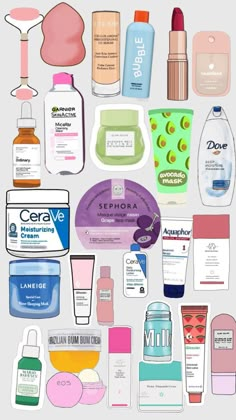 the contents of a woman's personal care kit are shown in this illustration, including face creams, hand sanitizers and lotions