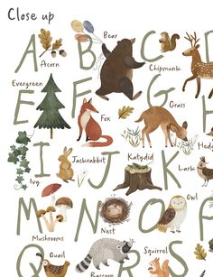 an illustrated poster with animals and letters