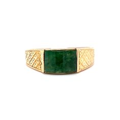 1950's Mid-Century Engraved Jade Ring in 14k VINTAGE Yellow Gold Statement Stacking Ring This one of a kind Mid-Century jade ring features a diamond and dot geometric engraved pattern in 14 karat yellow gold. The natural green jade reflects forest green hues. Set in channel bars. A vintage statement ring to admire. The cabochon cut gem is accented by engraved shoulders on a tapered 14K yellow gold band. The ring measures 6mm wide. A stunning gift for you or your loved one. The iconic birthstone Antique Yellow Gold Emerald Ring, Antique Emerald Ring In Yellow Gold, Antique Emerald Ring In Stamped 14k Yellow Gold, Antique Green Emerald Ring In 14k Gold, Antique 14k Gold Green Emerald Ring, Antique Green Emerald Ring With Polished Finish, Vintage Yellow Gold Signet Ring With Gemstone, Vintage Green Signet Ring With Gemstone, Vintage Green Gemstone Signet Ring