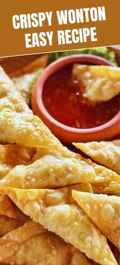 crispy wonton easy recipe with dipping sauce on the side and text overlay