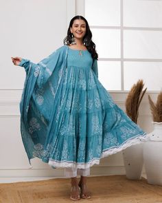 Beat the heat with effortless style in our Light Blue Hand Block Printed Anarkali Set. Made with the finest mul-mul fabric, this suit set is perfect for making a fashion statement even in soaring temperatures. Stay cool and chic even in heat. No. of pieces - 3 piece set. Color - Light Blue. Fabric - Mul-Mul. Washing Instructions - Dry Clean. Blue Maxi Salwar Kameez With Chikankari Embroidery, Blue Chikankari Embroidery Maxi Salwar Kameez, Spring Anarkali Set With Self Design, Blue Anarkali Set For Spring Festive Season, Blue Anarkali Set For Spring Festive, Blue Anarkali Set For Designer Spring Wear, Traditional Blue Anarkali Set For Summer, Spring Festive Blue Anarkali Set, Bohemian Blue Maxi Length Sets