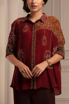 Shop for Rajdeep Ranawat Red Silk Shirt Tunic And Pant Set for Women Online at Aza Fashions Red Silk Shirt, Rajdeep Ranawat, Indo Western Outfits, Abstract Motif, Red Flare, Coord Set, Indian Prints, Short Shirt, Ladies Wear