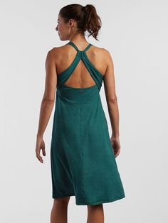 Dress With Built-In Bra: De Vivre Dress by Prana | Title Nine Beach Dresses With Adjustable Stretch Straps, Casual Cotton Dress With Built-in Bra, Green Stretch Dress With Tie Back, Green Spring Dress With Built-in Bra, Spring Cotton Dress With Built-in Bra, Casual Midi Dress With Built-in Bra, Fitted Dress With Adjustable Straps For Daywear, Daywear Tie-back Dresses, Stretch Halter Neck Dress With Adjustable Straps