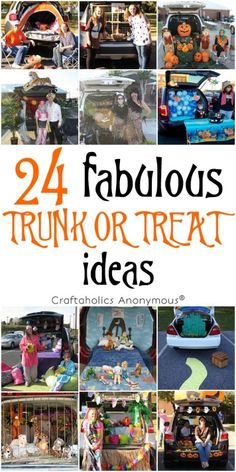 the cover of 24 fabulous trunk or treat ideas, including pumpkins and other decorations