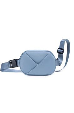 a blue fanny bag with straps on the front and shoulder strap, it has a cross body