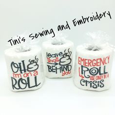 three rolls of toilet paper with the words emergency and roll on it's sides