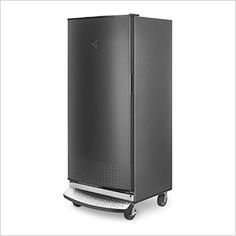 an image of a black refrigerator on wheels