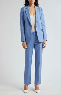 Look impeccable from one meeting to the next in a polished single-button blazer that's a wardrobe linchpin. One-button closure Notched lapels Button cuffs Front flap pockets Lined 56% cotton, 40% viscose, 4% elastane Dry clean Imported Chic Light Blue Blazer With Pockets, Blue Women’s Suit, Luxury Tailored Light Blue Blazer, Blue Single-breasted Pantsuit With Notch Lapel, Light Blue Single-breasted Long Sleeve Blazer, Luxury Light Blue Single-breasted Outerwear, Light Blue Suit, Work Wear Outfits, Single Button Blazer