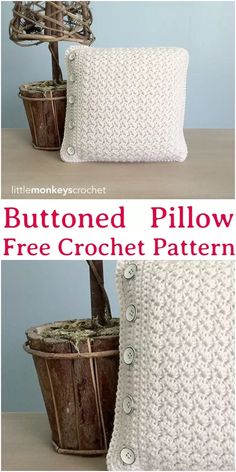 a crocheted pillow with buttons on it and the text, buttoned pillow free crochet pattern