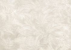 a white wallpaper with palm leaves on the side and light grey paint in the middle