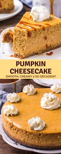 pumpkin cheesecake with whipped cream and caramel drizzled on top is shown