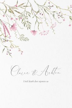 a wedding card with pink flowers and greenery