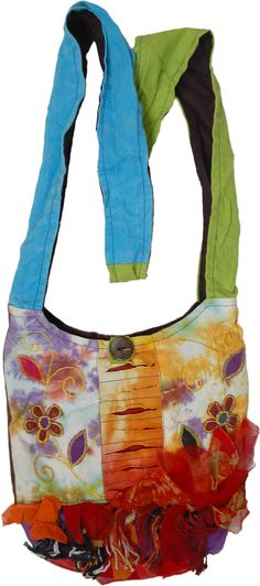 A colorful mini hobo bag with popped-out fringes, razor cut detail and floral appliques.  The bag features a colorful tie-dyed front on which the floral appliques are embroidered along with razor-cut design in the middle. #tlb #Embroidered #Applique #Pocket #vacationclothing #TieDye #bohemianfashion #Bohemianbag #Shoulderslingbag #Hobobag Casual Multicolor Hobo Bag For Spring, Casual Multicolor Spring Hobo Bag, Summer Festival Cotton Hobo Bag, Spring Multicolor Bohemian Hobo Bag, Multicolor Cotton Hobo Bag With Adjustable Strap, Bohemian Shoulder Bag With Multicolor Embroidery For Spring, Summer Patchwork Shoulder Bag, Multicolor Cotton Bags For Spring, Casual Bags With Multicolor Embroidery For Summer