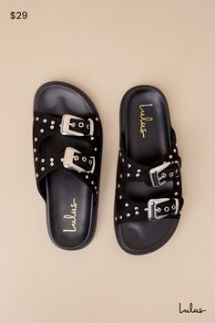 However you decide to style the Lulus Jadah Black Suede Studded Buckle Slide Sandals, it's definitely going to be compliment-worthy! These too-cool sandals feature an almond-shaped footbed and two, wide suede straps adorned with silver studded details and adjustable Western-inspired buckles. A contoured insole completes the simple, slide-on design. Available in whole sizes only. 0. 5" rubber heel. Smooth insole. Felted rubber sole has nonskid markings. Man made materials. Imported. Lulus | Jadah Black Suede Studded Buckle Slide Sandal Heels. Trendy Buckle Closure Mules For Summer, Trendy Summer Mules With Buckle Closure, Casual Party Sandals With Buckle Closure, Adjustable Buckle Mules For Summer, Summer Mules With Adjustable Buckle Closure, Summer Adjustable Mules With Buckle Closure, Suede Slides, Studded Sandals, Rubber Heels