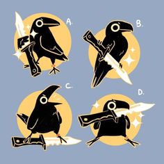 four different types of black birds with knives in their beaks and on their wings