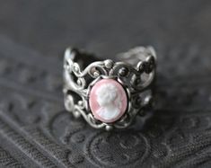 Vintage Adjustable Cameo Jewelry, Antique Silver Adjustable Victorian Ring, Adjustable Antique Silver Victorian Ring, Magnum Opus, Cameo Ring, Pink Lady, Pink Ring, Statement Rings, Pink Ladies