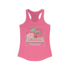 Beach Bum, Tropical Sunset and Palm Tree vintage style racerback workout or casual tank top. The model in the black tank top on the beach is 5'4'' 140lbs and is wearing a size L for a relaxed fit. Slim Fit Next Level Racerback tank-top (sizing chart in images) Material: 60% combed, ring-spun cotton, 40% polyester Extra light fabric (4 oz/yd² (135 g/m²)) Slim fit Runs slightly small since it is a slim fit. I suggest ordering one size up if you prefer a looser fit in your tank tops. Average Proces Sleeveless Activewear For Beach Sports, Sleeveless Activewear For Beach Season Sports, Pink Sporty Tops For Beach Season, Sporty Pink Tank Top For Beach, Sporty Pink Tops For Beach Season, Sleeveless Tank Top For Beach Workout, Sleeveless Workout Tank Top For Beach Season, Pink Moisture-wicking Tank Top For Summer, Sporty Tank Activewear For Beach