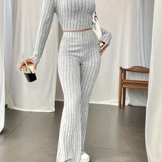 Faster shipping. Better service Spring Knits, Sweater Crop, Top And Pants Set, Flare Leg Pants, Moda Plus, Long Sleeve Turtleneck, Tracksuit Women, Knit Crop Top, Girly Fashion