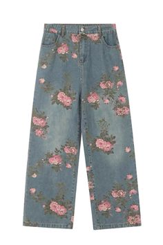 floral print wide jeans, blue floral denim pants with rose print, cute jeans, aesthetic baggy jeans Blue Floral Print Wide Leg Jeans, Wide Leg Denim Pants With Floral Print, Relaxed Fit Wide Leg Jeans With Floral Print, Floral Print Wide Leg Jeans With Relaxed Fit, Floral Print Wide Leg Relaxed Fit Jeans, Relaxed Fit Wide Leg Floral Print Jeans, Floral Print Wide Leg Denim Bottoms, Casual Wide Leg Jeans With Floral Print, Spring Wide-leg Floral Print Jeans