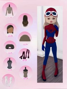 an animated image of a woman in spider - man costume and various wigs for her