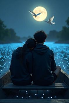 two people are sitting on a boat looking at the moon