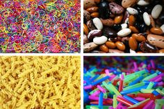 four different types of noodles and other items that are made out of colored plastic beads