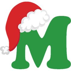 the letter m with a santa hat on it's head is green and red