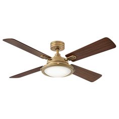 a ceiling fan with two wooden blades and a light on the top of each blade